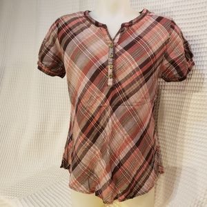 Christopher & Banks Plaid Blouse Brown/Pink/White